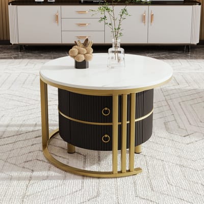 MODFU 2-in-1 Ronde MDF Salontafel met Glanzend Blad en Witte Marmeren Inleg, 2 Lades – 70x70x46 + 50x50x40 cm