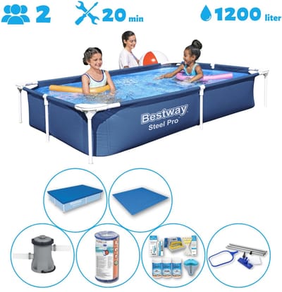 Bestway Rechthoekig Opzetzwembad - 221 x 150 x 43 cm - Blauw - Inclusief Pomp - Filter - Onderhoudspakket - Grondzeil - Afdekzeil - Schoonmaakset