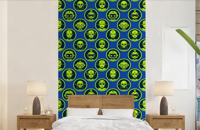 Behang - Fotobehang Patronen - Robot - Geel - Blauw - Jongens - Kinderen - Kids - Jongetje - Breedte 150 cm x hoogte 240 cm