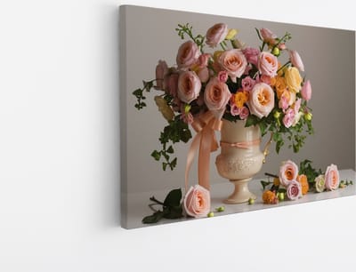 Saammp Canvas Schilderij - Luxe Bloemboeket - Elegant - Natuur - 45x30 - Foto op canvas - Wanddecoratie - Muurdecoratie Woonkamer - Slaapkamer Decoratie