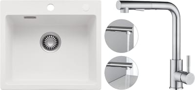CECIPA max Spoelbak Keuken 40x45CM - Granieten spoelbak Met Keukenkraan met Uittrekbare Uitloop - Spoelbak Met Kraangat - Spoelbakken Met Afdruip - Wit