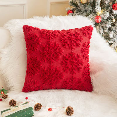 Qelus Kerstversiering Kussenhoes 45x45 cm - Zacht Pluche Sneeuwvlok Borduurwerk - met Onzichtbare Rits - Zonder Binnenkussen - Decoratief voor Bank & Woonkamer - Rood
