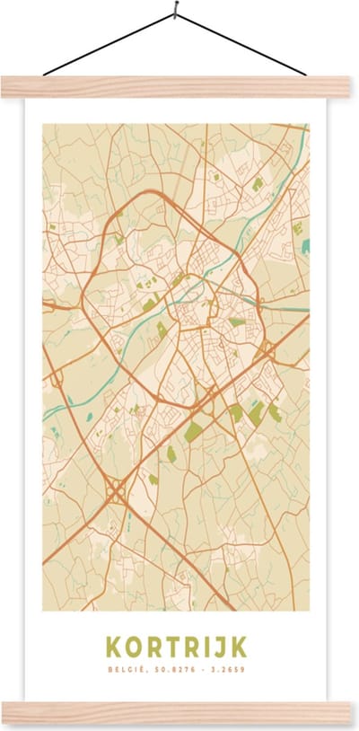 Posterhanger incl. Poster 60x120 cm - Schoolplaat - België - Plattegrond - Stadskaart - Kaart - Kortrijk - Textielposter - Blanke latten - Stadskaart