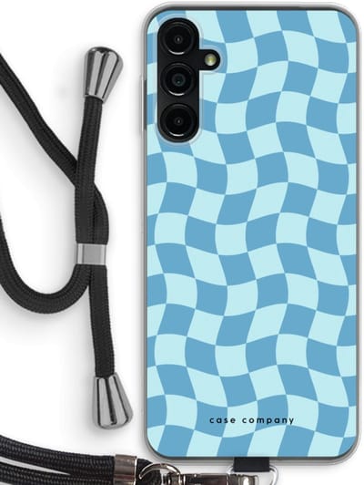 Case Company® - Hoesje met koord geschikt voor Samsung Galaxy A14 hoesje met Koord - Grid Blauw - Telefoonhoesje met Zwart Koord - Bescherming aan alle Kanten en Over de Schermrand