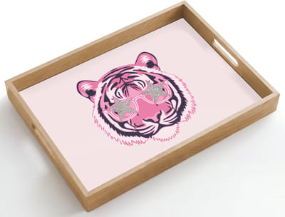 Dienblad hout 50x35 cm - Schootdienblad - Tijger - Glitterzonnebril - Roze - Borrelplank rechthoek - Plateau dienbladen