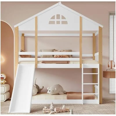 ModernLuxe Stapelbed van massief hout met ladder en glijbaan - 90x200 cm - Wit