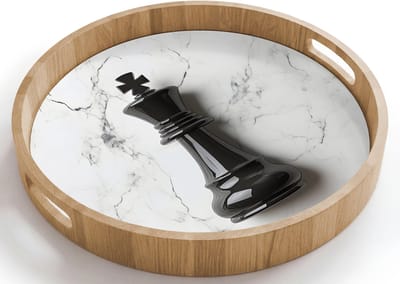 Dienblad rond 40x40 cm - Schootdienblad hout - Schaakstuk - Koning - Zwart - Marmer - Borrelplank rechthoek - Plateau houten dienbladen