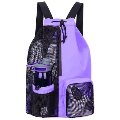 Mesh Strandtas Waterdicht Binnenvak Grote Capaciteit Trekkoord Rugzak Paars | Voor Strand Zwemmen & Fitness