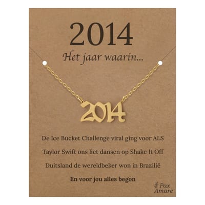 Jaartal 2014 Ketting op Cadeau Kaartje - Goudkleurig Stainless Steel - 45cm - Met informatie over geboortejaar - Pax Amare