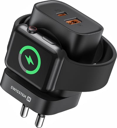 Swissten USB Draadloze Oplader - 22.5W - USB-C & USB-A - Geschikt voor Apple Watch Series 1 t/m 9 Zwart
