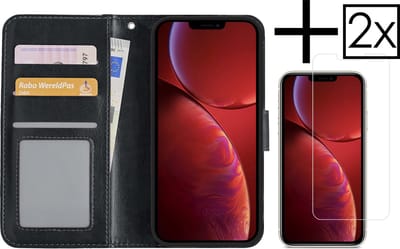 Hoesje - Met 2x Screenprotector - Geschikt voor Apple iPhone 14 Pro - Luxe Pasjeshouder - Bookcase Portemonee - Flip Case - Kunstleer Book Case - Flipcase Hoes - Book Cover - Walletcase - Portemonneehoes - Zwart