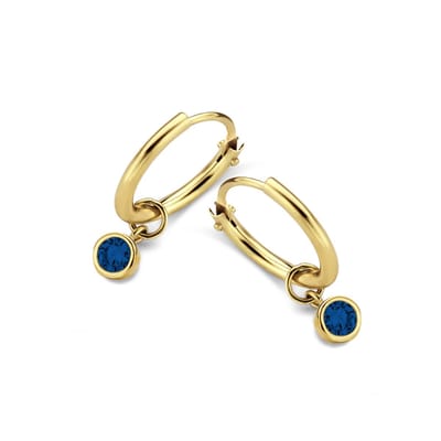 New Bling 9NBG-0608 Gouden Oorringen met Zirkonia Hangertje - 11x1,2mm - Donker Blauw - 3,5mm - 14 Karaat - Goud