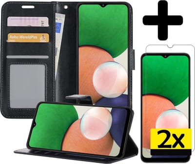 Hoesje - Met 2x Screenprotector - Geschikt voor Samsung Galaxy M22 - Luxe Pasjeshouder - Bookcase Portemonee - Flip Case - Kunstleer Book Case - Flipcase Hoes - Book Cover - Walletcase - Portemonneehoes - Telefoonhoesjes - Zwart