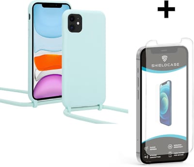 ShieldCase Hoesje met koord geschikt voor Apple iPhone 12 / 12 Pro - 6.1 inch - mint + glazen Screen Protector