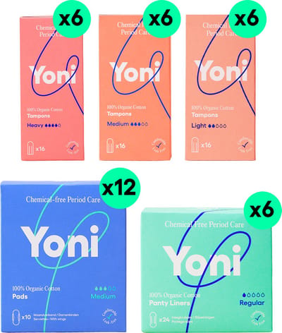 Yoni Toilet Set - 288x Tampons - 120x Medium Maandverband - 144x Regular Inlegkruisjes - Biologisch Katoen