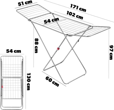 Droogrek, 180 x 55 x 101 cm - luchtstroomwasrek, wasdroger met antislipvoeten, vleugelwasdroger, kleding - Zilver Kadax