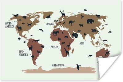 Wereldkaart Kinderen - Dieren - Bruin - 30x20 cm - Poster