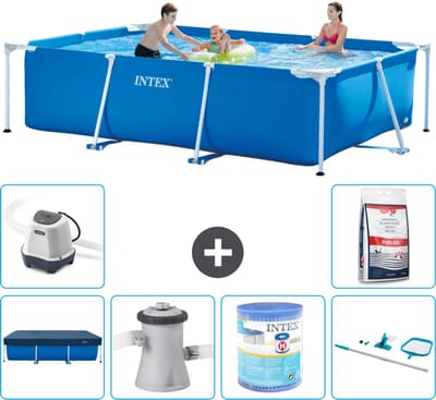 Intex Rechthoekig Frame Zwembad - 300 x 200 x 75 cm - Blauw - Inclusief Afdekzeil - Zwembadfilterpomp - Filter - Schoonmaakset - Zoutwatersysteem - Zwembadzout - 7-delig
