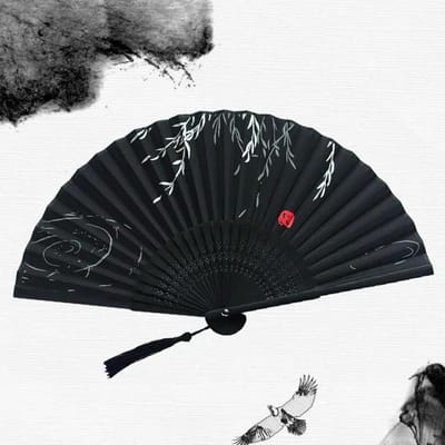 Décoration Premium Haute Qualité Chinois Japonais Ventilateur Pliant en Soie Manche en Bois Ventilateur de Danse Classique Pompon de Haute Qualité Ventilateur Féminin Élégant Maison black