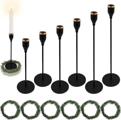 Zwarte kandelaars set van 6 - hoge kandelaarhouders voor conische kaarsen - decoratieve metalen kaarsenstandaard met kaarskransen - diner bruiloft feest - 3/4 inch vloerkandelaar