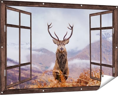 Gards Tuinposter Doorkijk Hert in de Bergen - 150x100 cm - Tuindoek - Tuindecoratie - Wanddecoratie buiten - Tuinschilderij