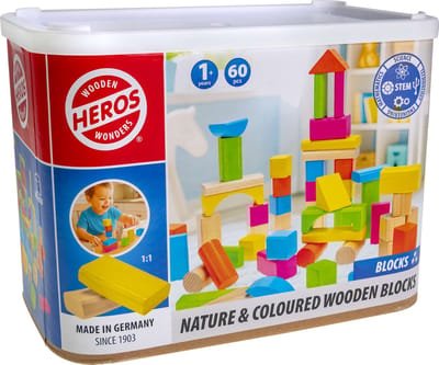 Heros Houten Blokken Naturel en Gekleurd – Blokken – 60 Bouwblokken – Grote Set – FSC Hout – Gemaakt in Duitsland – Creatief Bouwen – Vanaf 1 Jaar