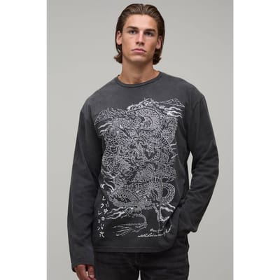 Oversized T-shirt Met Lange Mouwen En Drakenprint In Washed Look | Charcoal | Size XL