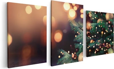 Artaza Canvas Schilderij Drieluik Versierde Kerstboom Met Lichtjes - 120x60 - Foto Op Canvas - Canvas Print