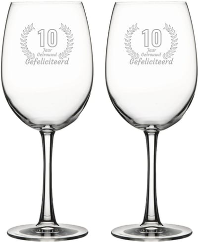 Gegraveerde set rode wijnglazen 46cl Gefeliciteerd 10 jaar getrouwd