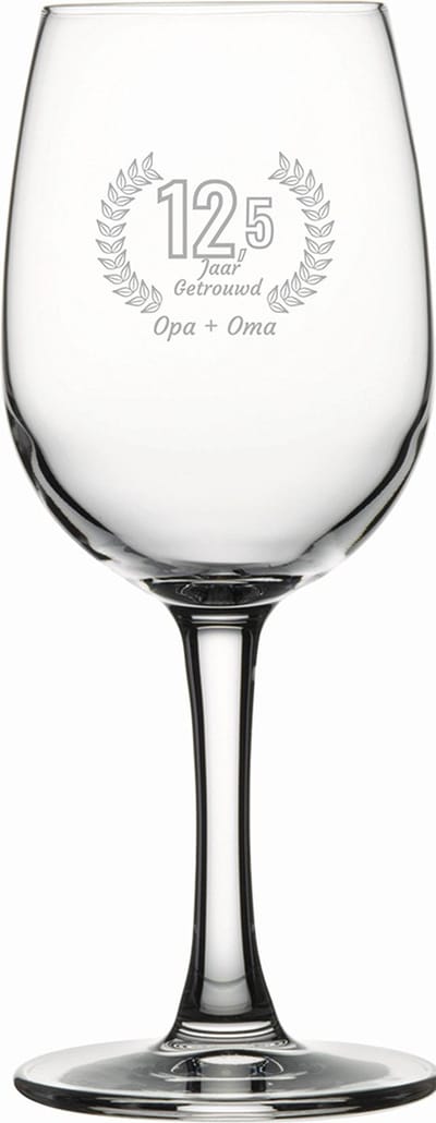 Gegraveerde witte wijnglas 26cl Opa + Oma 12,5 jaar getrouwd