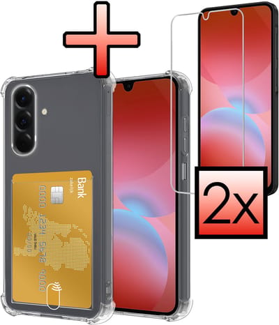 Hoesje - Geschikt voor Samsung Galaxy A26 - Met 2x Screenprotector - Pashouder - Kaarthouder - Telefoon Hoes Shockproof - Siliconen Case - Back Cover - Shock Proof - Pasjes Houder - Transparant