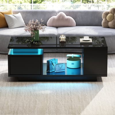 Salontafel - 100x50x36 cm - LED en 4 Open Vakken - Hoogglans met Uniek Design - MDF - Zwart