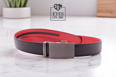 Zwart + rood lederen riem zonder gaatjes met automatische gesp voor heren ( model 101 )