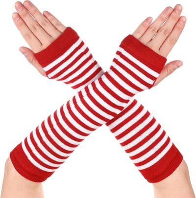 Knitted Arm Warmers en Vingerloze Handschoenen in Wit en Rood, Ideaal voor Koude Dagen en Sportactiviteiten, One Size