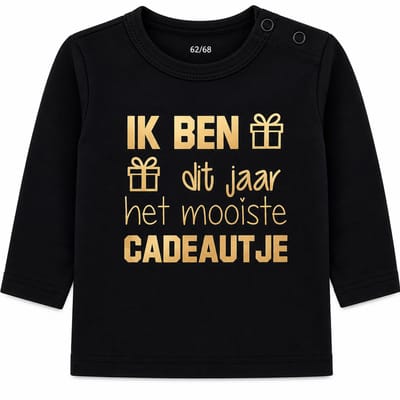Shirtje baby tekst Ik ben dit jaar het mooiste cadeautje | Lange mouw | zwart | maat 56