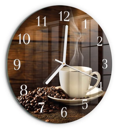 Tulup Wandklok - Koffie Moderne Wandklok Glas - 30fi cm - Bruin Wandklok Glas Decoratie - Witte Handen - Ronde Wandklok - Klok Glas Met Opdruk - Moderne Wandklok Glas