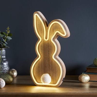 Thijox - Houten Neon Bunny LED Licht Pasen Decoratie 30cm - Batterij Timer - Indoor Gebruik - Feestelijke Paasverlichting - Sfeervolle Decoratie voor