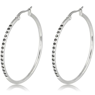My Bendel - Zilverkleurige Oorbellen Zwart Zirkonia 40mm x 2mm - Zilverkleurige Oorringen met Zwarte Zirkonia - met Luxe Cadeauverpakking | Sieraden Voor Dames