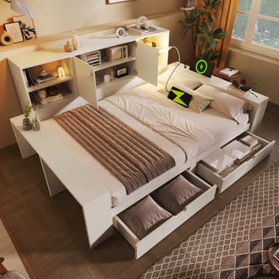 Slaapbank 140x200 cm - met lade en opbergruimte - met USB/USB-C aansluiting - zonder matras - wit