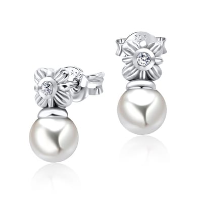 Joy|S - Zilveren parel oorbellen - 6 x 12 mm - bloem met kristal - oorknoppen