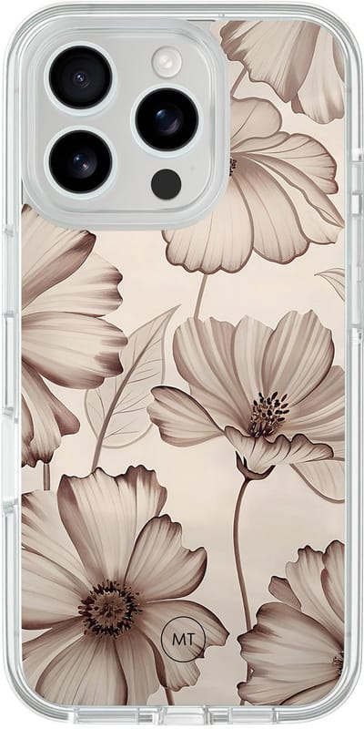 Hybride hoesje geschikt voor iPhone 16 Pro - Sand flowers - Extra bescherming - Luxe beschermhoes - TPU case - Transparant, Beige - Mooie Telefoonhoesjes