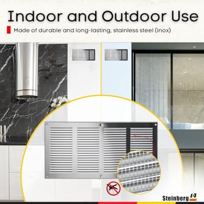 Roestvrijstalen Ventilatierooster 400 x 200 mm met Insectengaas - Perfect voor Badkamers, Keukens en Meer