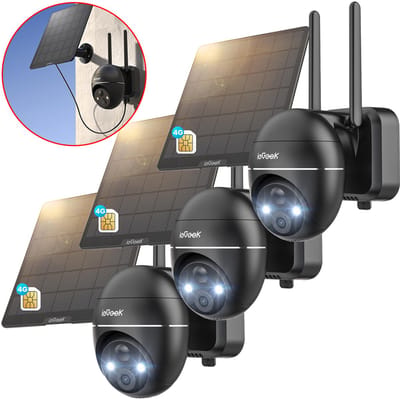 ieGeek 4G LTE Bewakingscamera Buiten met SIM-kaart – 2K Ultra HD, Nachtzicht, Bewegingsdetectie, IP67, 360° Draaibaar – Incl. Zonnepaneel – Voor Tuin, Erf & Bedrijf - Zwart - 3 stuks