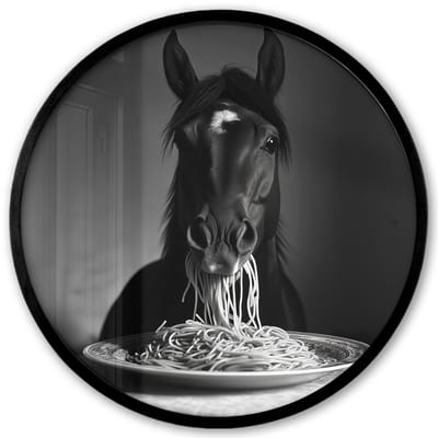 Poster in lijst Rond - Fotolijst 40x40 cm - Posters - Paard - Bord - Pasta - Tafelkleed - Zwart Wit - Dieren - Ronde posterlijst zwart - Decoratie - Wanddecoratie woonkamer - Muurdecoratie slaapkamer
