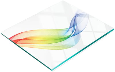 Stijlvol en duurzaam glazen bord met abstracte regenboogprint, 60x52 cm