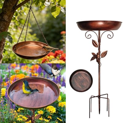 Vogeldrinkbak / Hangend vogelbad – Vogelbad voor buiten (diameter 30 cm) – Inclusief kantelbestendige voet en ketting – Multifunctioneel: voerbak, drinkbak en vogelbad in één – Geschikt voor vrijstaand gebruik op balkons of in de tuin – Hoogte 100cm
