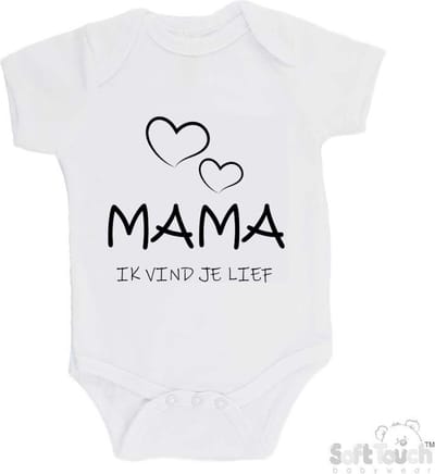 100% katoenen Romper "Mama, ik vind je lief" Moederdag Unisex Katoen Wit/zwart 56/62