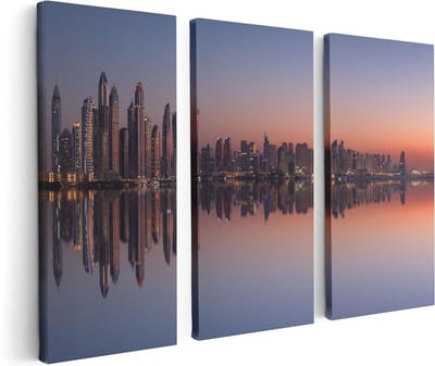 Artaza Canvas Schilderij Drieluik Skyline Dubai Stad bij Zonsondergang - 120x80 - Foto Op Canvas - Canvas Print