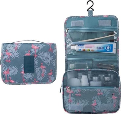 Fako Fashion - Reis Toilettas Met Ophang Haak - Make-up Travel Bag - Organizer Voor Toiletartikelen - Reisartikelen - Travel Bag - Ophangbare Toilettas - Flamingo Blauw/Grijs