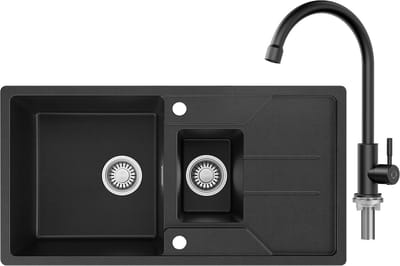 CECIPA max Spoelbak Keuken 86x45CM - 1.5 Granieten Spoelbakken Keuken Met Keukenkraan - Primaire en Tweede Bak - Met Afdruiprek en Waterafvoersysteem - Zwart